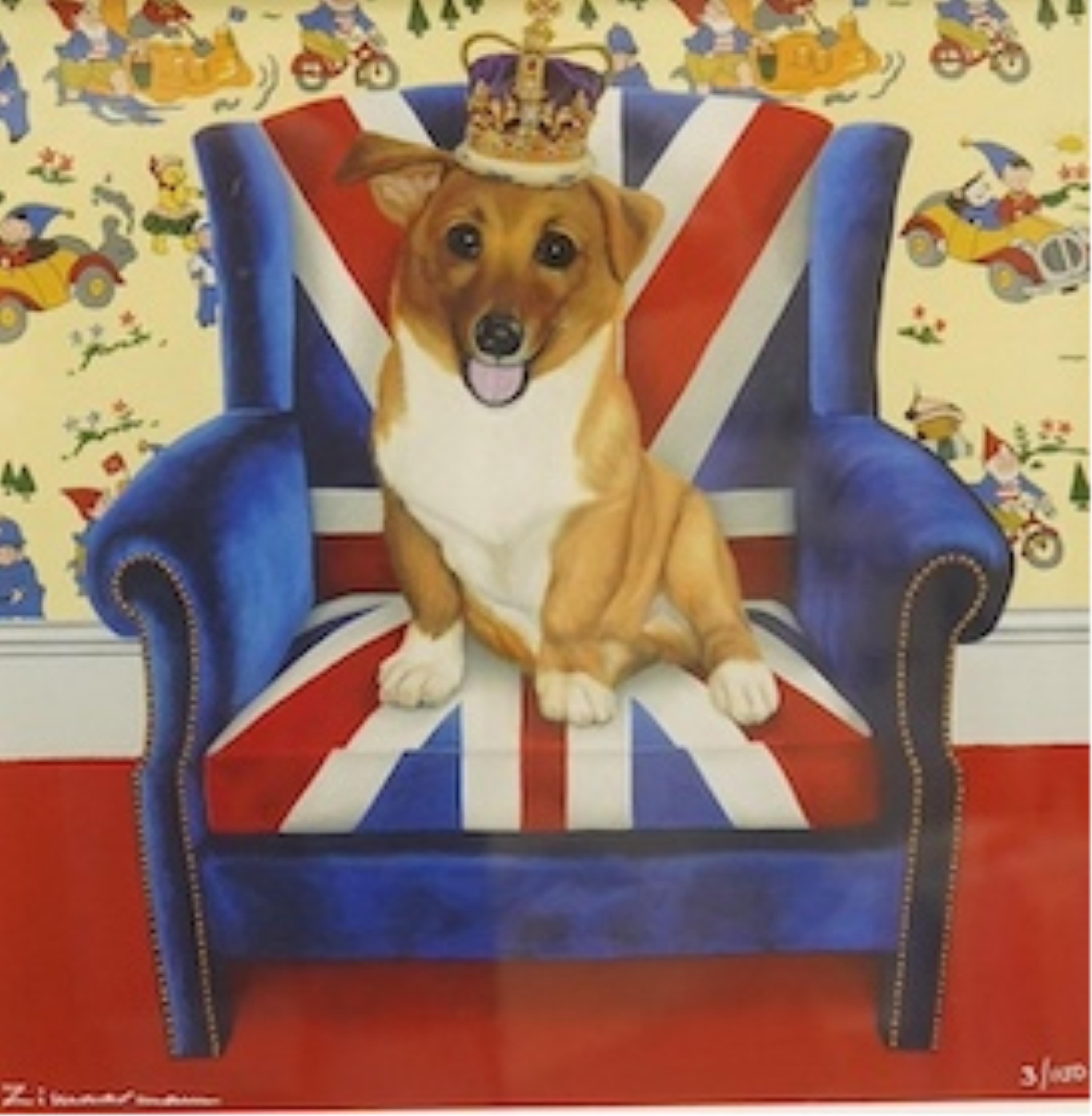 Paula Zimmermann (contemporary) limited edition giclee print, Corgi seated upon a Union Jack chair, signed, limited edition 3/100, 29 x 29cm. Condition - good